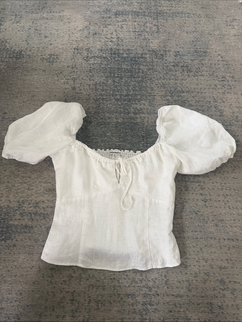Reformation Rory White Linen Puff Sleeve Tie Front Smocked Back Top Size 6